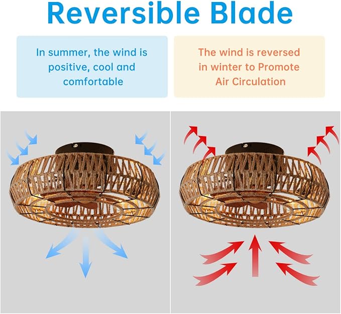 20" Caged Ceiling Fans with Lights and Remote, Boho Flush Mount Ceiling Fan with Light, Low Profile Chandelier 6 Speed Bladeless Reversible Ceiling Fan w/ 4 Bulbs. for Living Room Bedroom.