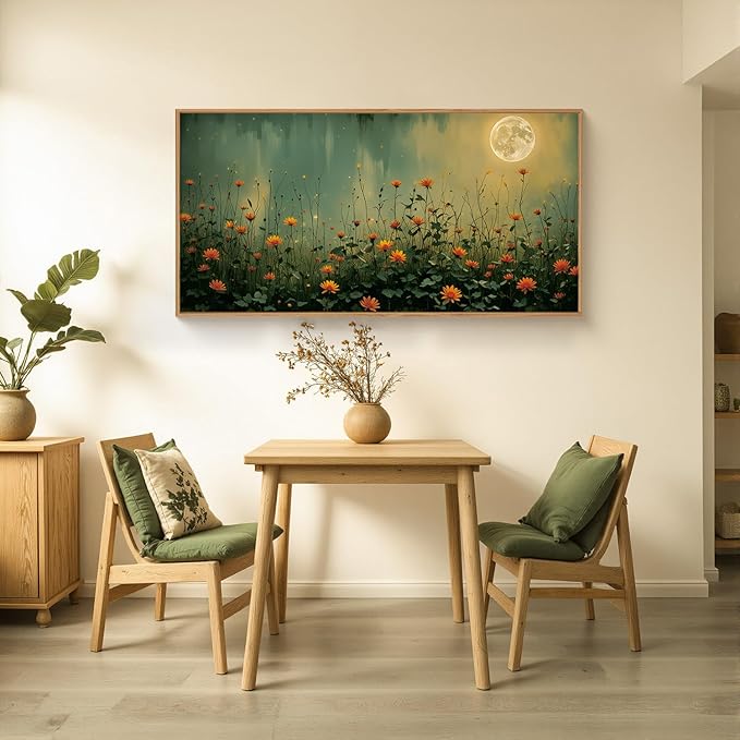 HOURIA Mystical Midnight Wildflower Framed Canvas Wall Art Set,Moonlit Orange Floral Wall Decor,Nature Inspired Landscape Artwork,Watercolor Art Prints for Living Room,Bedroom,Farmhouse- 20"×40"×1