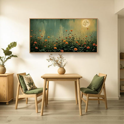 HOURIA Mystical Midnight Wildflower Framed Canvas Wall Art Set,Moonlit Orange Floral Wall Decor,Nature Inspired Landscape Artwork,Watercolor Art Prints for Living Room,Bedroom,Farmhouse- 20"×40"×1
