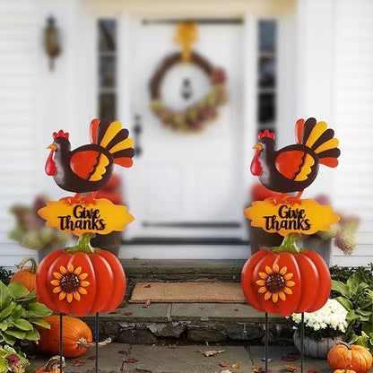 Turkey Thanksgiving Decorations Outdoor 38.5inch with Give Thanks Sign and Sunflowers, Metal Pumpkin Yard Stakes for Fall Garden, Lawn, and Harvest Decorations Outdoor