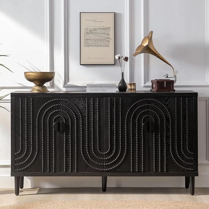 60" Sideboard Buffet Accent Cabinet, Antique Black Entryway Table with Storage Wood Credenzas for Living Room Home Bar, 4 Doors & Adjustable Shelves