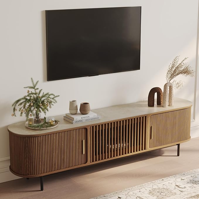 POVISON Sliding Tambour Door TV Stand, Mid Century Modern Sintered Stone TV Console, Wood Media Console for 75 Inch TV, Entertainment Center with Storage Cabinet, Fully-Assembled (Walnut, 78.74")