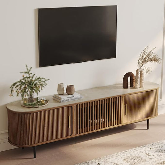 POVISON Sliding Tambour Door TV Stand, Mid Century Modern Sintered Stone TV Console, Wood Media Console for 75 Inch TV, Entertainment Center with Storage Cabinet, Fully-Assembled (Walnut, 78.74")