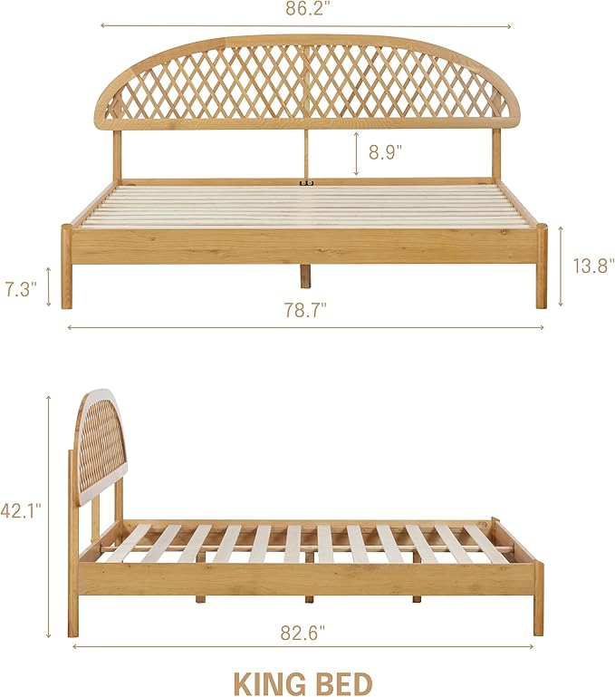NTC Gem Wooden Bed Frame with Headboard, Solid Oak Foundation with Silent Slats and Wood Central Supports, 1000 Lb Capacity, Effortless Assembly, King - Rustic Oak