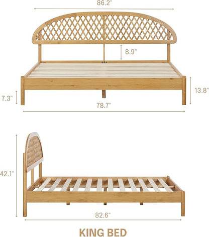 NTC Gem Wooden Bed Frame with Headboard, Solid Oak Foundation with Silent Slats and Wood Central Supports, 1000 Lb Capacity, Effortless Assembly, King - Rustic Oak