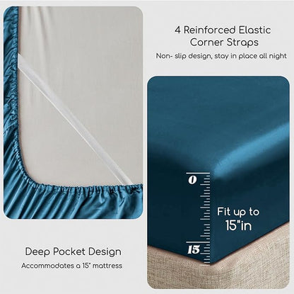 MR&HM Satin Bed Sheets, Full Size Sheets Set, 4 Pcs Silky Bedding Set with 15 Inches Deep Pocket for Mattress (Full, Teal)