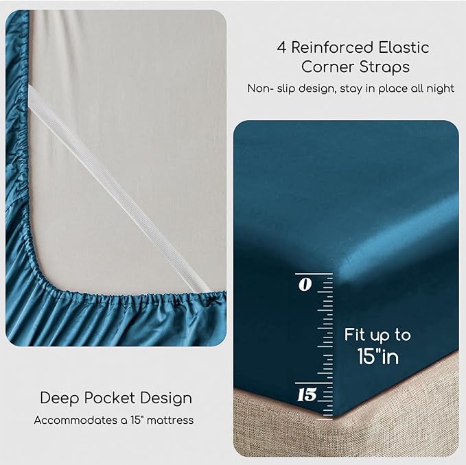 MR&HM Satin Bed Sheets, Queen Size Sheets Set, 4 Pcs Silky Bedding Set with 15 Inches Deep Pocket for Mattress (Queen, Teal)