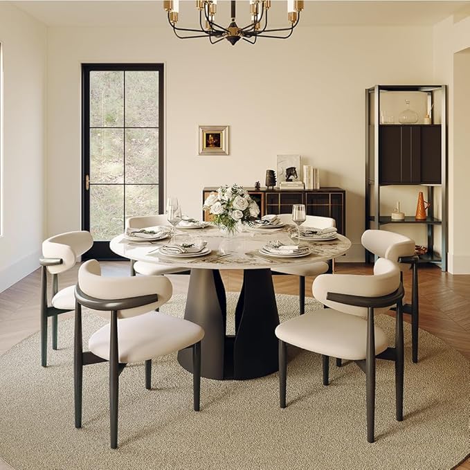 POVISON Round Dining Table for 6, Modern Marble Dining Room Table 59" Pandora Sintered Stone Kitchen Table with Black Carbon Steel Pedestal (Table Only)