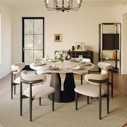 POVISON Round Dining Table for 6, Modern Marble Dining Room Table 59" Pandora Sintered Stone Kitchen Table with Black Carbon Steel Pedestal (Table Only)