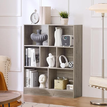 LEYAOYAO 7 Cube Bookshelf with Base,3 Tier Mid-Century Modern Grey Bookcase,Standing Wide Bookshelves Storage Organizer Shelf,Rustic Wood Display Cabinet Book Shelves for Bedroom,Living Room,Office