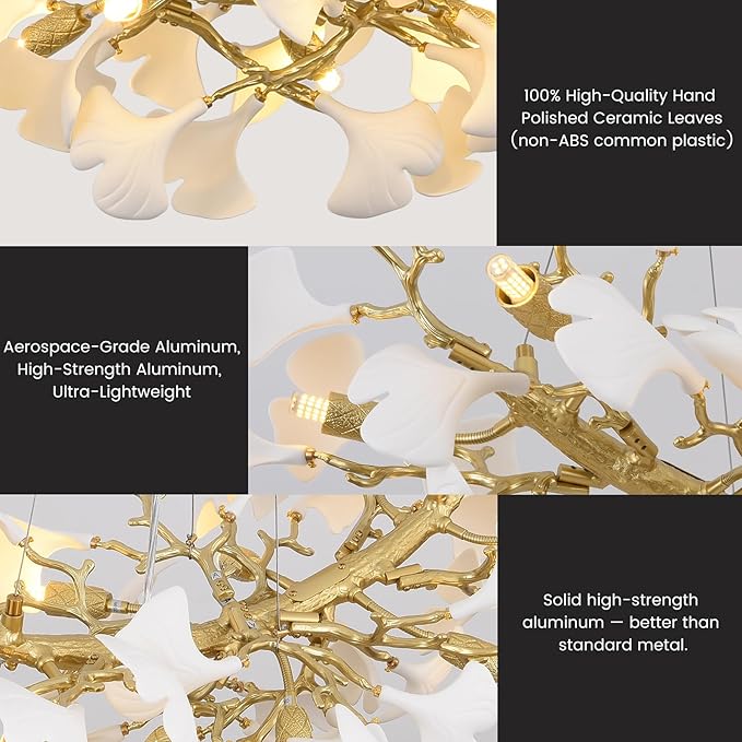 Modern Gold and White Tree Branch Chandeliers for Dining Room,36" Rectangle Ceramic Ginkgo Leaf Chandelier, Dining Chandelier,Linear Chandeliers for Dining Room, Living,Kitchen