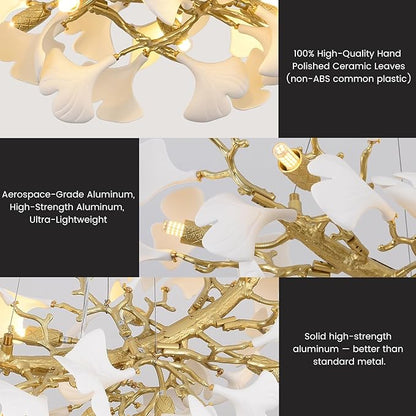 Modern Gold and White Tree Branch Chandeliers for Dining Room,36" Rectangle Ceramic Ginkgo Leaf Chandelier, Dining Chandelier,Linear Chandeliers for Dining Room, Living,Kitchen
