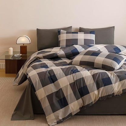 CLOTHKNOW Blue Plaid King Size Comforter Set Gingham Buffalo Bedding Comforter Sets Geometric Comforter King Sets with 2 x Pillow Cases
