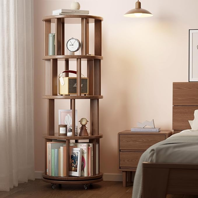 Solid Wood Rotating Bookshelf on Wheels, 4 Tier, Round Revolving Bookcase, 360° Spinning Book Shelf Tower for Kids, Narrow Rolling Bookshelves for Small Space, Corner, Bedroom, Office, Walnut