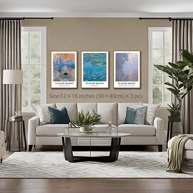 ILLBDR Claude Monet Water Lilies Framed Wall Art Vintage Aesthetic Canvas Wall Art Set of 3 Impressionist Botanical Prints Artwork Minimalist Classic Pictures Decor for Bedroom Living Room 12x16 Inch