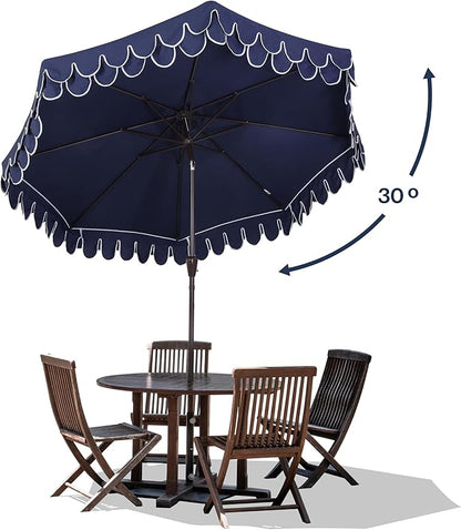 JONATHAN Y UMB1002B Tracy 9 ft. Classic MidCentury Scalloped Fringe Market Patio Umbrella with Auto-Tilt, Crank, Wind Vent and UV Protection in Navy/White