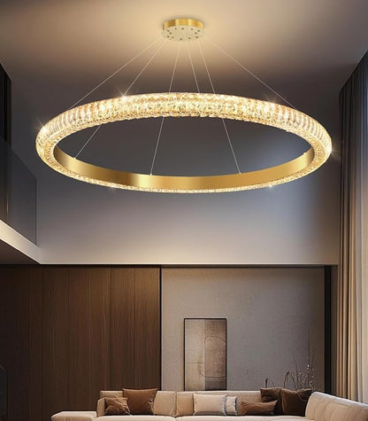 40" 1 Ring Crystal Chandelier Modern LED Dimmable Ring Pendant Light Chandelier for Dining Room Living Room Gold