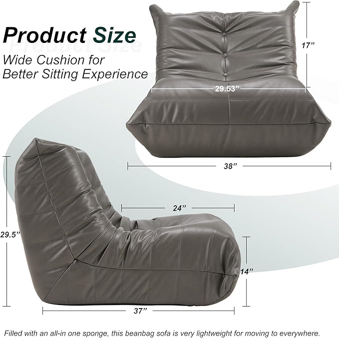 Hobestluk Giant Bean Bag Chair Lazy Floor Sofa, Fireside Sofa for Adults, Big Beanbag Faux Leather Armless Chair for Living Room Bedroom Dorm Office (Grey, Single)