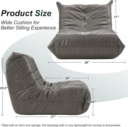 Hobestluk Giant Bean Bag Chair Lazy Floor Sofa, Fireside Sofa for Adults, Big Beanbag Faux Leather Armless Chair for Living Room Bedroom Dorm Office (Grey, Single)