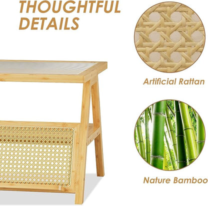 Bamworld Coffee Table with Storage Mid-Century Modern Coffee Table Boho BambooTable with Glass Top for Living Room Office