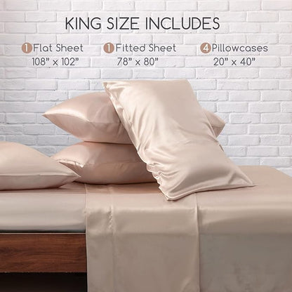 MR&HM Satin Bed Sheets, King Size Sheets Set, 6 Pcs Silky Bedding Set with 15 Inches Deep Pocket for Mattress (King, Champagne)
