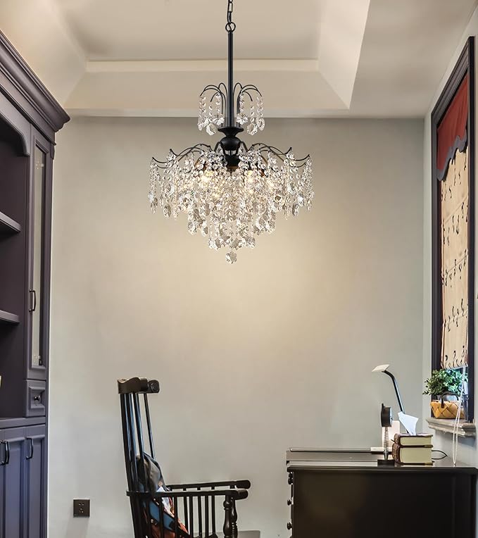 Q&S Crystal Chandelier for Dining Room,Modern Black Crystal Pendant Light,6 Lights for Kitchen Island Entryway Bathroom Office Bar UL Listed