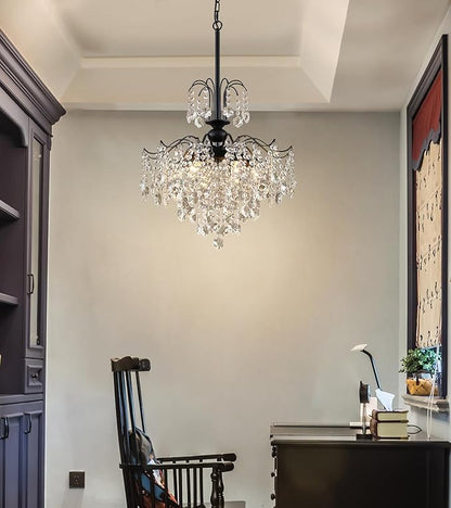 Q&S Crystal Chandelier for Dining Room,Modern Black Crystal Pendant Light,6 Lights for Kitchen Island Entryway Bathroom Office Bar UL Listed