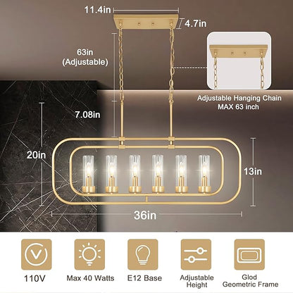 Dining Room Light Fixture, 36" Gold Island Lights for Kitchen Modern Linear Chandelier 6 Lights Farmhouse Chandelier Large Pendant Light, Industrial Chandeliers for Dining Room, Clear Glass
