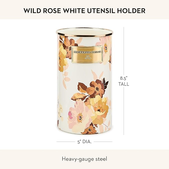 MACKENZIE-CHILDS Enamel Utensil Holder, Stylish Kitchen Countertop, Wild Rose White