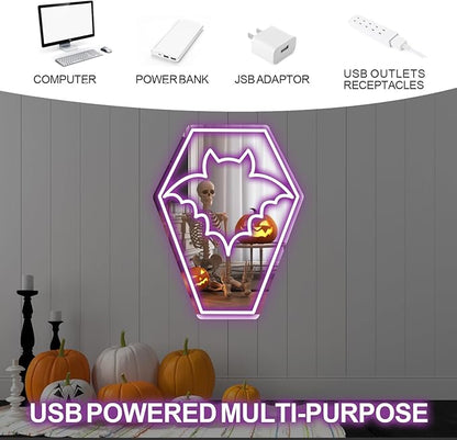 Coffin Bat Neon Mirror Sign,Gothic Room Decor,USB Powered,Halloween Bat Coffin Decor,LED Light Gothic Room, Teen Girls Preppy