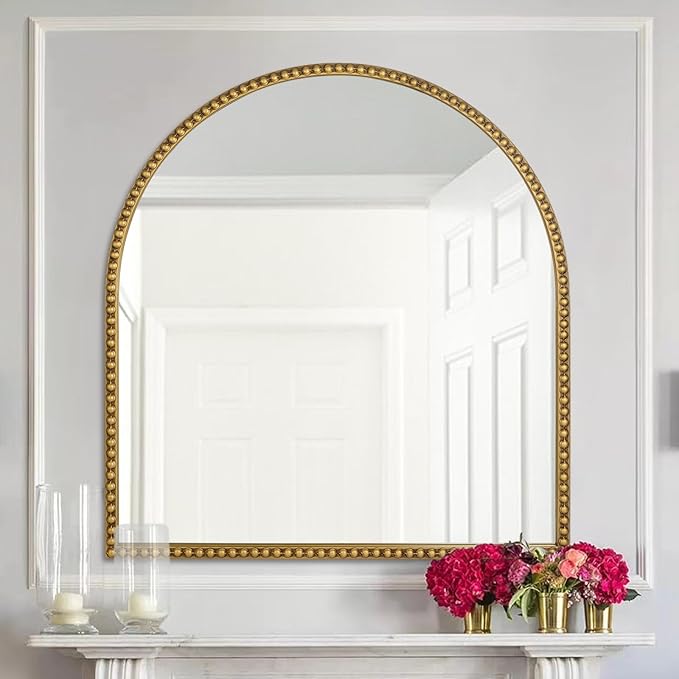 33x31 Inch Arched Bathroom Mirror, Antique Gold Wall Mirror Metal Beaded Frame, Vanity Mirror for Dresser Living Room Bedroom Mantel Entryway Hallways