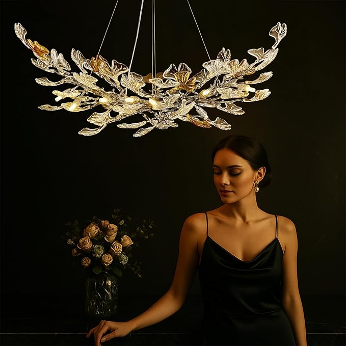 Modern Crystal Chandelier, L47 Rectangle Glass Ginkgo Leaf Chandeliers, Black Tree Branch Chandelier Over Dining 12-Light Farmhouse Chandeliers for Foyer Living Room Kitchen Island