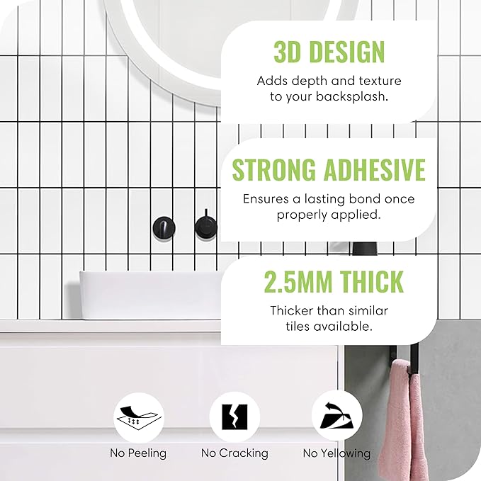 5 Pack Peel and Stick Backsplash Subway Tiles, Extra Thick 3D Wall Panels, Heat & Water Resistant,Easy DIY Kitchen,Bathroom, Laundry, Fireplace & Rental Home Wall Décor (12 x 12 in), White Black Grout