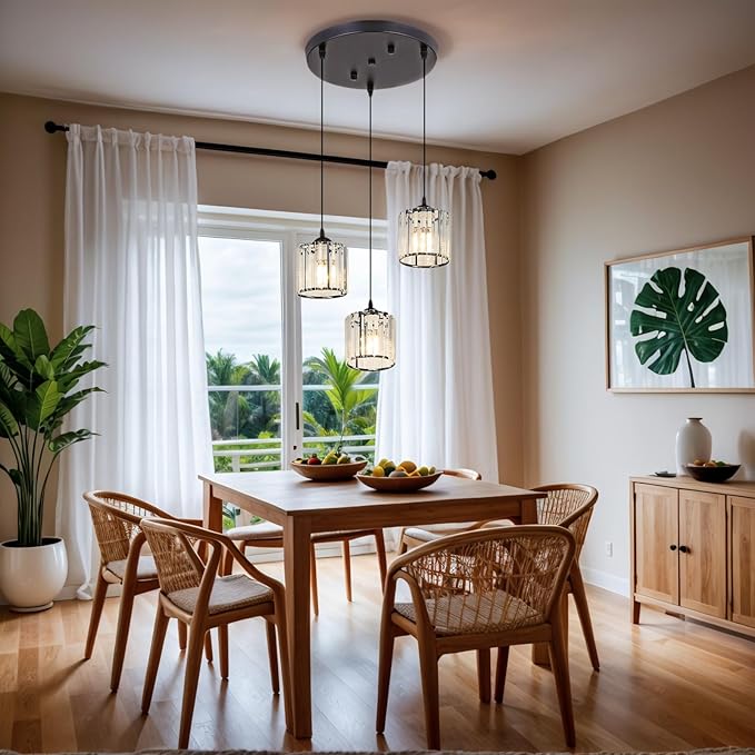 Crystal Pendant Lights Black 3 Light Cluster Ceiling,Modern Hanging Light Fixture for Kitchen Island,Adjustable Round Chandelier for Farmhouse,Dining Room,Foyer,Living Room with LED Bulb