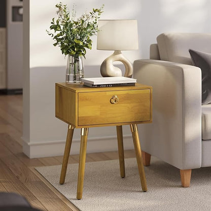 Bme Alden Wood Nightstand, Solid Wood End Table, Mid Century Modern Nightstand, Side Table with 1 Drawer, Compact for Bedroom, Living Room & Study Room, Easy Assembly, Golden Natural