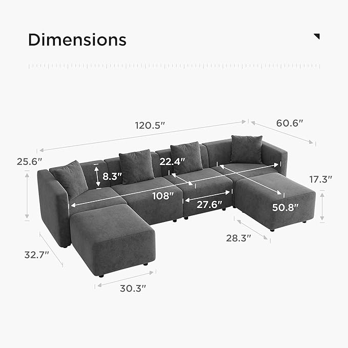 Acanva Convertible Modular Sectional Sofa, Modern Linen-Like Fabric Living Room Furniture Set with Reversible Chaise Lounge, Grey U-Shape Couch