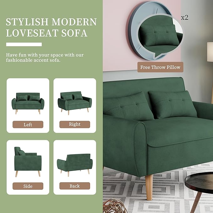 Vongrasig Small Modern Loveseat Sofa 47" Mid Century Linen 2 Seat Couch Tufted Love Seat, Green