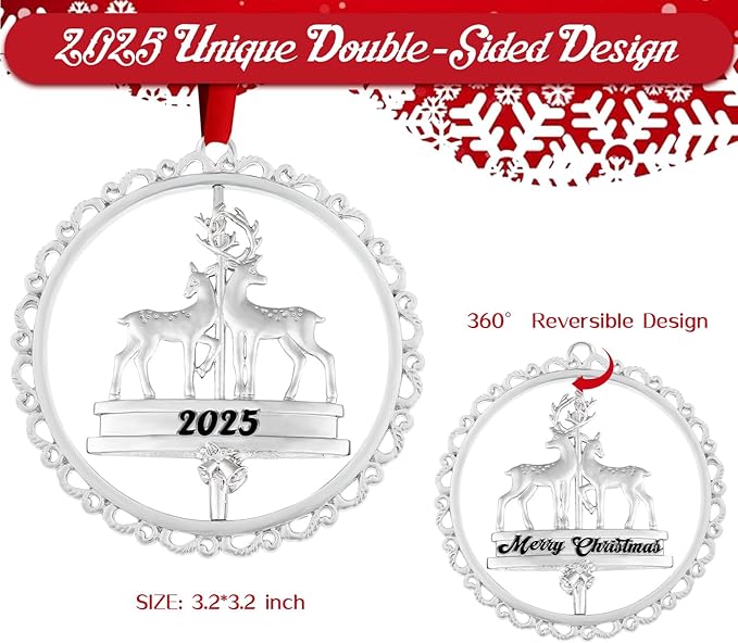 Christmas Ornament Decoration for Tree Hanging Metal Ornaments with Rotatable Elk,Dated 2025 Engraved for Holiday Decoration Keepsake Gift Lover Friends Family