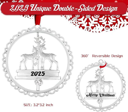 Christmas Ornament Decoration for Tree Hanging Metal Ornaments with Rotatable Elk,Dated 2025 Engraved for Holiday Decoration Keepsake Gift Lover Friends Family