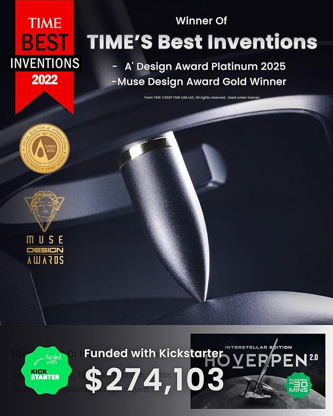 novium Hoverpen Interstellar - Luxury Ballpoint Pen Made With Aerospace Alloys, Unique Aesthetic, Free Spinning Executive Pen, Desk Decor (Starlight Silver, 18K-Gold)