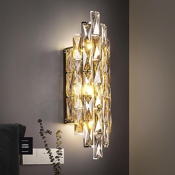 Crystal Modern Wall Sconces, Smoky Gray Wall Light Fixture for Luxury Indoor, K9 Vanity Wall Lighting for Bedside Bedroom Bathroom Living Room Doorway