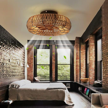 20" Caged Ceiling Fans with Lights and Remote, Boho Flush Mount Ceiling Fan with Light, Low Profile Chandelier 6 Speed Bladeless Reversible Ceiling Fan w/ 4 Bulbs. for Living Room Bedroom.