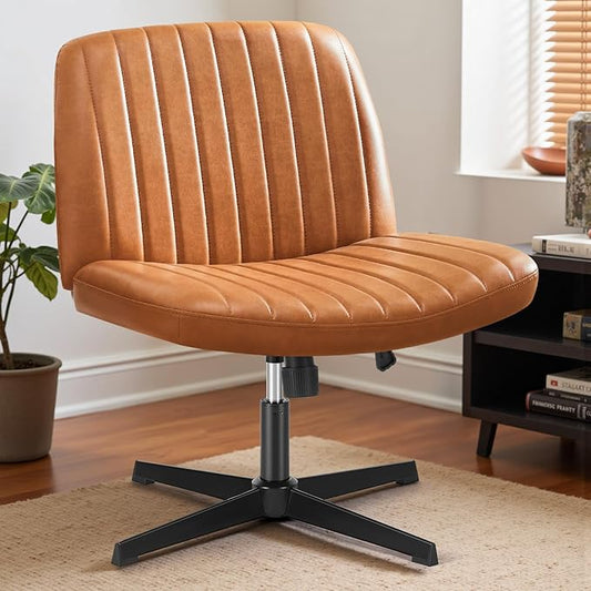 DUMOS Desk Chair No Wheels, Criss Cross Chair Wide Cross Legged Desk Vanity Chair, PU Leather Armless Adjustable Swivel Chairs for Home Computer Task Brwon