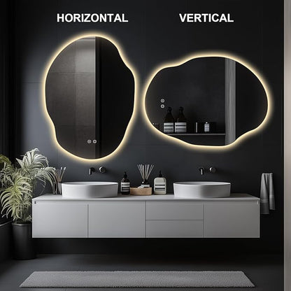 Asymmetrical LED Bathroom Mirror with Lights,Irregular Led Bathroom Vanity Mirror for Wall with Front and Backlit, Anti Fog, 3 Colors and Dimmable Light,[Horizontal/Vertical] 40" H x 30" W