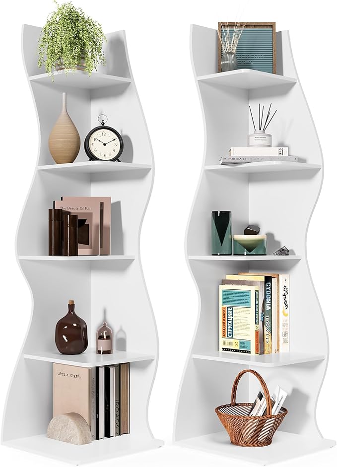 LITTLE TREE 70-Inch Corner Shelf, Seaweed Shaped Etagere Display Bookshelf, Freestanding 5-Tier Wall Shelves for Small Spaces, Living Room, Bedroom, White, 2 Pack