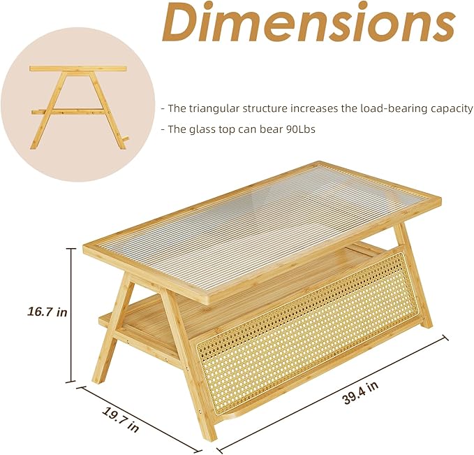 Bamworld Coffee Table with Storage Mid-Century Modern Coffee Table Boho BambooTable with Glass Top for Living Room Office