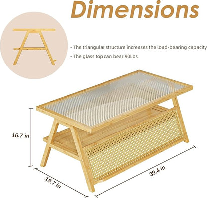 Bamworld Coffee Table with Storage Mid-Century Modern Coffee Table Boho BambooTable with Glass Top for Living Room Office