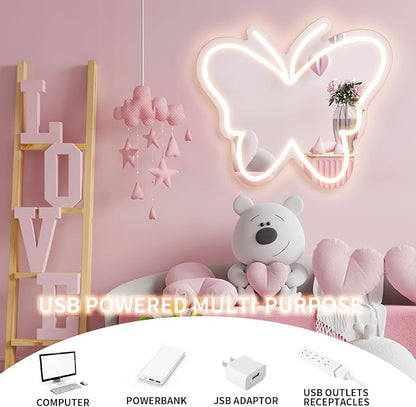 Butterfly Mirror Neon Sign Dimmable USB LED Neon Lights for Ideal Home Decor for Bedroom, Kidsroom, Living Room Parties, Christmas Birthdays Gifts for Girls Women, Boho Mirror Wall Sign Art Gift-White