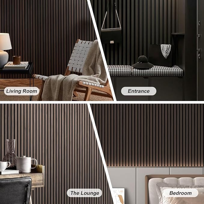 2PCS Wood Slat Acoustic Wall Panels for Ceiling and Wall Decor 3D Fluted Sound Absorbing Textured Panel with Wood Finish 108"×6" (Walnut Brown)