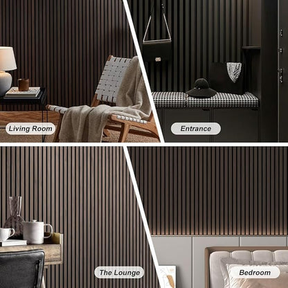 2PCS Wood Slat Acoustic Wall Panels for Ceiling and Wall Decor 3D Fluted Sound Absorbing Textured Panel with Wood Finish 108"×6" (Walnut Brown)